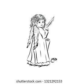 Angel baby with pen. Cute little girl. Graphic vintage linear drawing. Concept for religious holidays - Easter, Christmas. Bible symbol. Illustration for children's books, cards