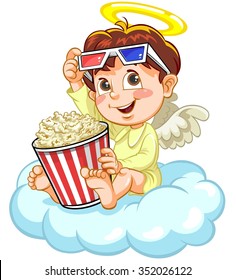 Angel Baby with Popcorn.
Color vector illustration of a cartoon Angel Baby watching movie.