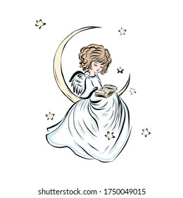Angel baby reads book sitting on the moon. Symbol of god of man. Happy baby. Concept of resurrection of Jesus Christ. Christmas, Easter design.