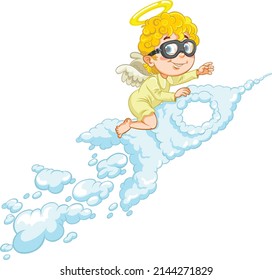 Angel Baby riding on Rocket. Vector illustration of a cartoon baby angel sitting on Cloud Rocket and flying to Heaven 