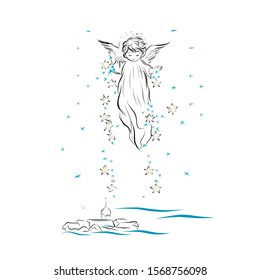 Angel baby showers the city with stars. Decor for greeting retro cards for Christmas, Easter and other religious holidays. Biblical heavenly symbol of man with wings. 