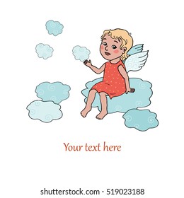 Angel baby sitting on clouds. Cute vector illustration in cartoon style on white background.