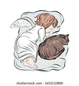 Angel baby sleeping with cat in bedroom. Biblical heavenly symbol of man with wings. 