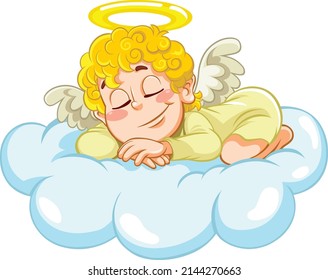 Angel Baby sleeping. Vector illustration of a cartoon baby angel sleeping on the cloud.