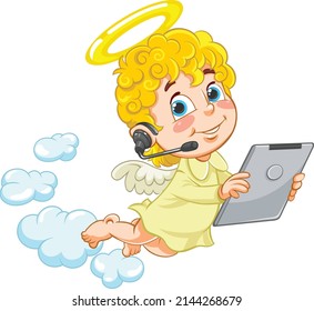 Angel Baby with Tablet.
Color vector illustration of a cartoon Angel Baby holding Tablet.