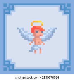 Angel baby with wings and halo. Pixel art character. Vector illustration in 8 bit style