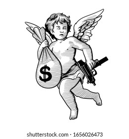 Angel With A Bag Of Money And A Gun. Can Be Used As A Sketch Of A Tattoo.