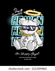 angel bear doll on heaven neon slogan vector illustration on black background