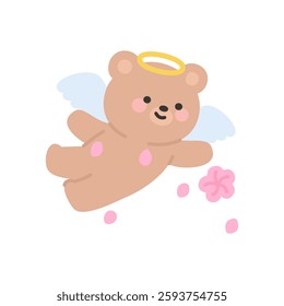 Angel Bear Flying with Pink Petals Scattering from Hand Vector Illustration