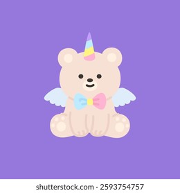 Angel Bear with Rainbow Unicorn Horn and Bow Tie on Purple Background Vector Illustration