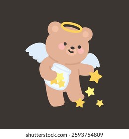 Angel Bear Sprinkling Stars from a Jar Vector Illustration