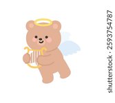 Angel Bear Standing Holding Golden Lyre with Blue Wings Vector Illustration