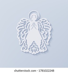 Angel with beautiful ornamental wings on a light background. Front view silhouette of angel in paper cut style with shadow. Isolated vector illustration for Christmas, New Year, Easter design