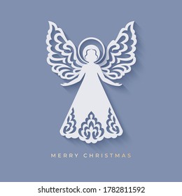 Angel with beautiful ornamental wings on a gray background. Front view silhouette of angel in paper cut style with shadow. Isolated vector illustration for Christmas, New Year, Easter design