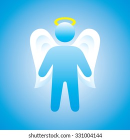 Angel with a beautiful white wings on a blue background. Vector illustration.