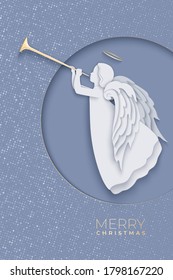 Angel with beautiful wings on a gray background. Front view silhouette of angel with trumpet in paper cut style with shadow. Vector illustration for Christmas, New Year, Easter design.