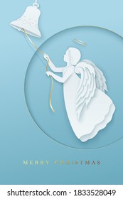 Angel with beautiful wings on a light cyan backdrop. Front view silhouette of angel rings the bell in paper cut style with shadow. Vector illustration for Christmas, New Year