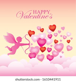 angel between clouds and hearts. valentine card. vector illustration