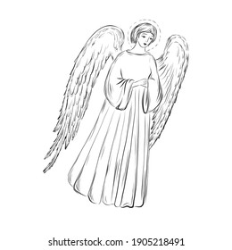 Angel. Biblical heavenly symbol of man with wings. Decor for greeting retro cards for Christmas, Easter and other religious holidays. 