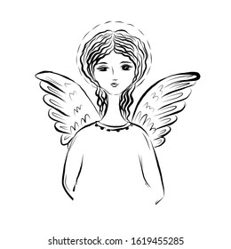 Angel. Biblical heavenly symbol of woman with wings. Decor for greeting retro cards for Christmas, Easter and other religious holidays