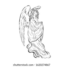 Angel. Biblical heavenly symbol of woman with wings. Decor for greeting retro cards for Christmas, Easter and other religious holidays