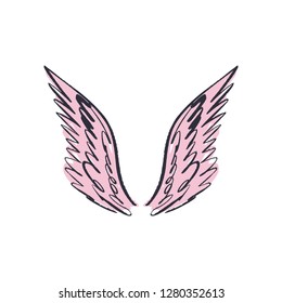 Angel, bird or pegasus pink color wings. Vintage design elements. Tattoo sticker template. Trendy hand drawn doodle sketch