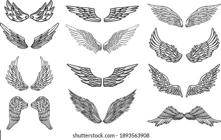 Angel or bird wings abstract sketch set isolated on white. vector doodle illustration. For your design