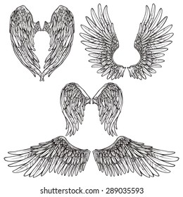 Angel or bird wings abstract sketch set isolated vector illustration