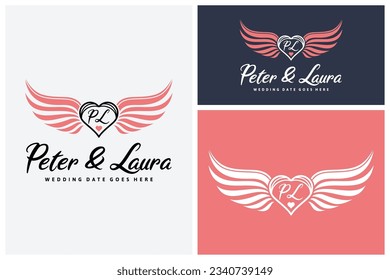 Angel-Vogelflügel mit Anfangsbuchstaben für Paarname oder Hochzeitseinladung