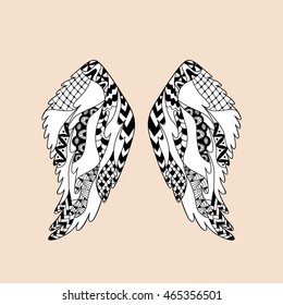 Angel or bird wings ornamental silhouette. Vector illustration isolated. Hand drawn  anti stress picture. Zentangle pattern.