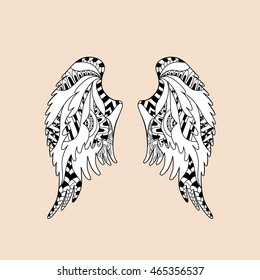 Angel or bird wings ornamental silhouette. Vector illustration isolated. Coloring book page for adult. Hand drawn  anti stress picture. Zentangle pattern.