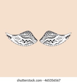 Angel or bird wings ornamental silhouette. Vector illustration isolated. Hand drawn  anti stress picture. Zentangle pattern.