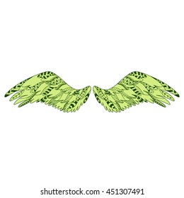 Angel or bird wings ornate silhouette. Vector illustration isolated on white background. Hand drawn  ornamental picture. Zentangle colorful pattern.
