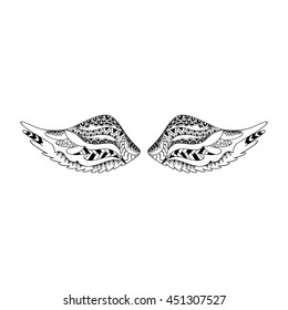 Angel or bird wings ornate silhouette. Vector illustration isolated on white background. Coloring book page for adult. Hand drawn  anti stress picture. Zentangle pattern.