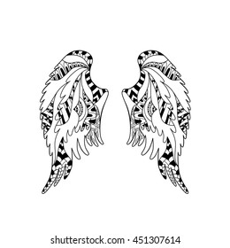 Angel or bird wings ornate silhouette. Vector illustration isolated on white background. Coloring book page for adult. Hand drawn  anti stress picture. Zentangle pattern.