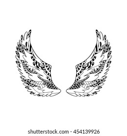 Angel or bird wings ornate silhouette. Vector illustration isolated on white background. Coloring book page for adult. Hand drawn  anti stress picture. Zentangle pattern.