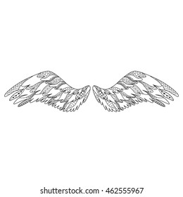 Angel or bird wings ornate silhouette. Vector illustration isolated on white background. Coloring book page for adult. Hand drawn contour anti stress picture. Zentangle pattern.