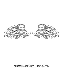 Angel or bird wings ornate silhouette. Vector illustration isolated on white background. Coloring book page for adult. Hand drawn contour anti stress picture. Zen tangle pattern.