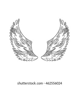 Angel or bird wings ornate silhouette. Vector illustration isolated on white background. Coloring book page for adult. Hand drawn contour anti stress picture. Zen tangle pattern.