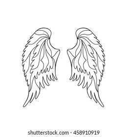 Angel or bird wings silhouette. Vector illustration isolated on white background. Coloring book page for adult. Hand drawn anti stress picture.