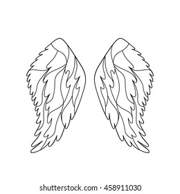 Angel or bird wings silhouette. Vector illustration isolated on white background. Coloring book page for adult. Hand drawn anti stress picture.