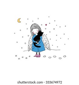 Angel and black cat on a white background. Hand drawn vector illustration.