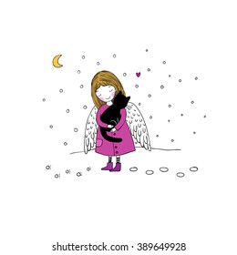 Angel and black cat on a white background. Hand drawn vector illustration.