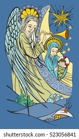 Angel and Blessed Virgin Mary with the infant Jesus in her arms. Traditional Christmas scene. Vector illustration.