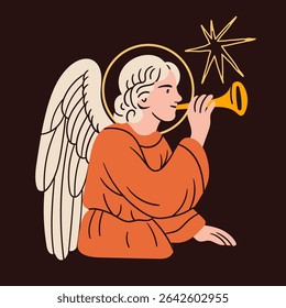 Angel blowing horn in colorful robe. Praying angel, Saint, creature with wings, halo. Hand drawn trendy Vector illustration. Isolated design element. Print, logo, card template