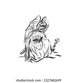 Angel with a bouquet of flowers. Graphic vintage linear drawing. Concept for religious holidays - Easter, Christmas. Bible symbol. Illustration for children's books, cards