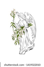 Angel with bouquet of lilies. Graphic vintage linear drawing. Concept for religious holidays - Easter, Christmas. Biblical heavenly symbol of woman with wings. 