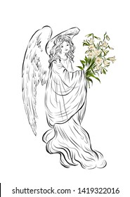 Angel with bouquet of lilies. Graphic vintage linear drawing. Concept for religious holidays - Easter, Christmas. Biblical heavenly symbol of woman with wings. 