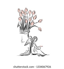 Angel with a bouquet of tulips. Graphic vintage linear drawing. Concept for religious holidays - Easter, Christmas. Bible symbol. Illustration for children's books, cards
