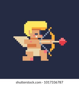 Angel with bow and arrow. Pixel art. Cupid character. Valentine's day. Design greeting card. Sticker design. Isolated vector illustration. 